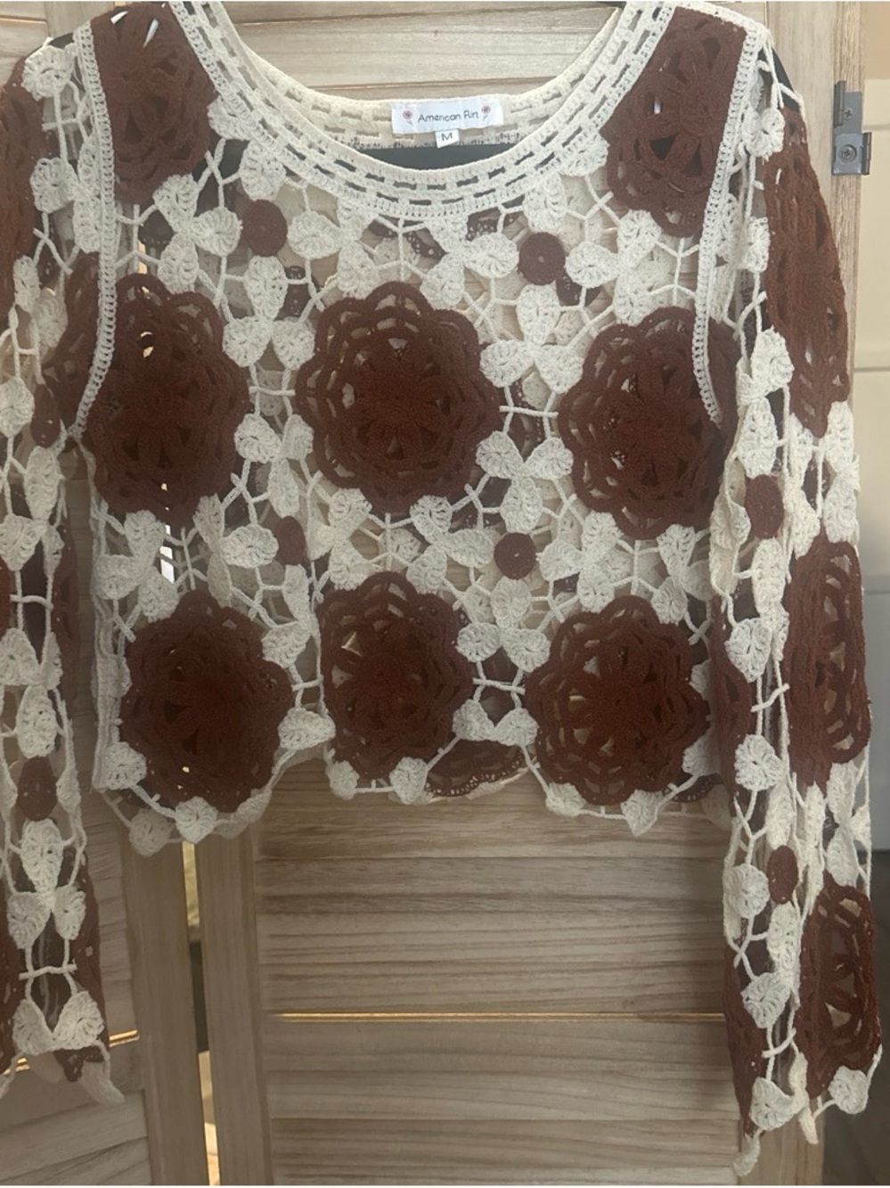 American Flirt  Crochet Floral Open-Knit Blouse in Brown and Cream